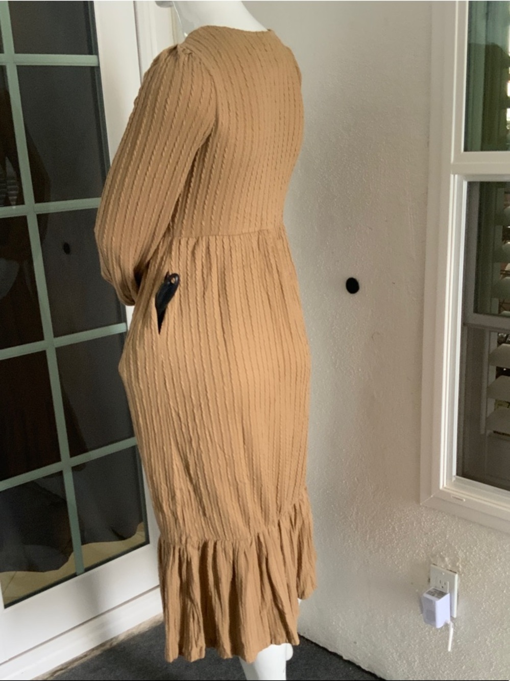 Long Sleeve Tan Textured Midi Dress - Picture 3 of 7